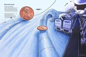  Infographic of a penny falling on a plane, showing inertia and gravity for a physics blog post on air travel. 