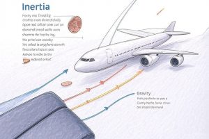  Infographic of a penny falling on a plane, showing inertia and gravity for a physics blog post on air travel. 